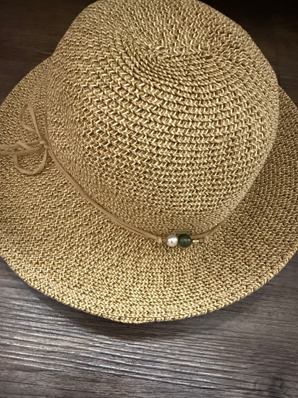 Scale Wide Brim Straw Sun Hat with Bead Accent - Natural
